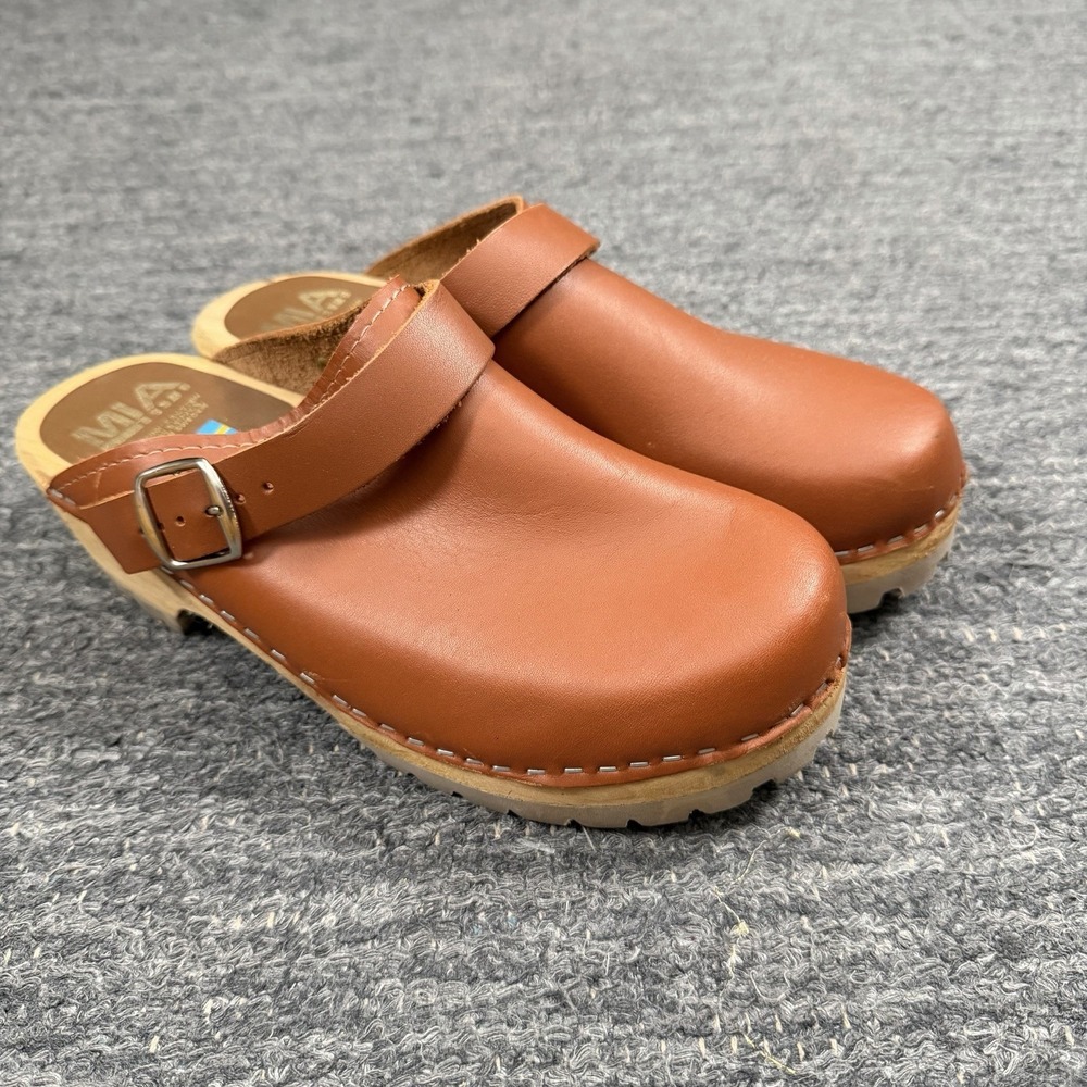 MIA Alma Swedish Wooden Clogs Women 41 US 10 Brown Leather Slingback Mule Shoes